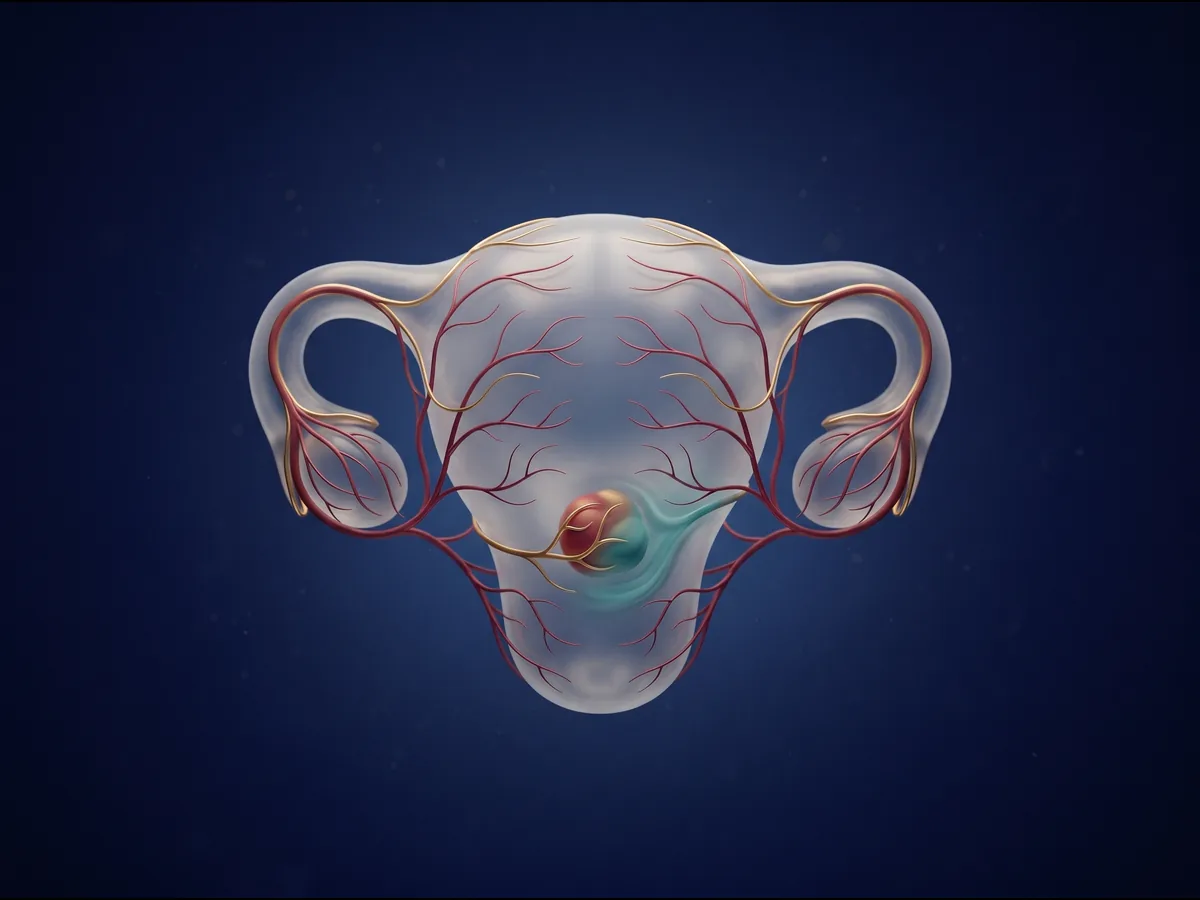Illustration of uterine fibroid embolization: the uterus with fibroids and the blood supply that feeds them.