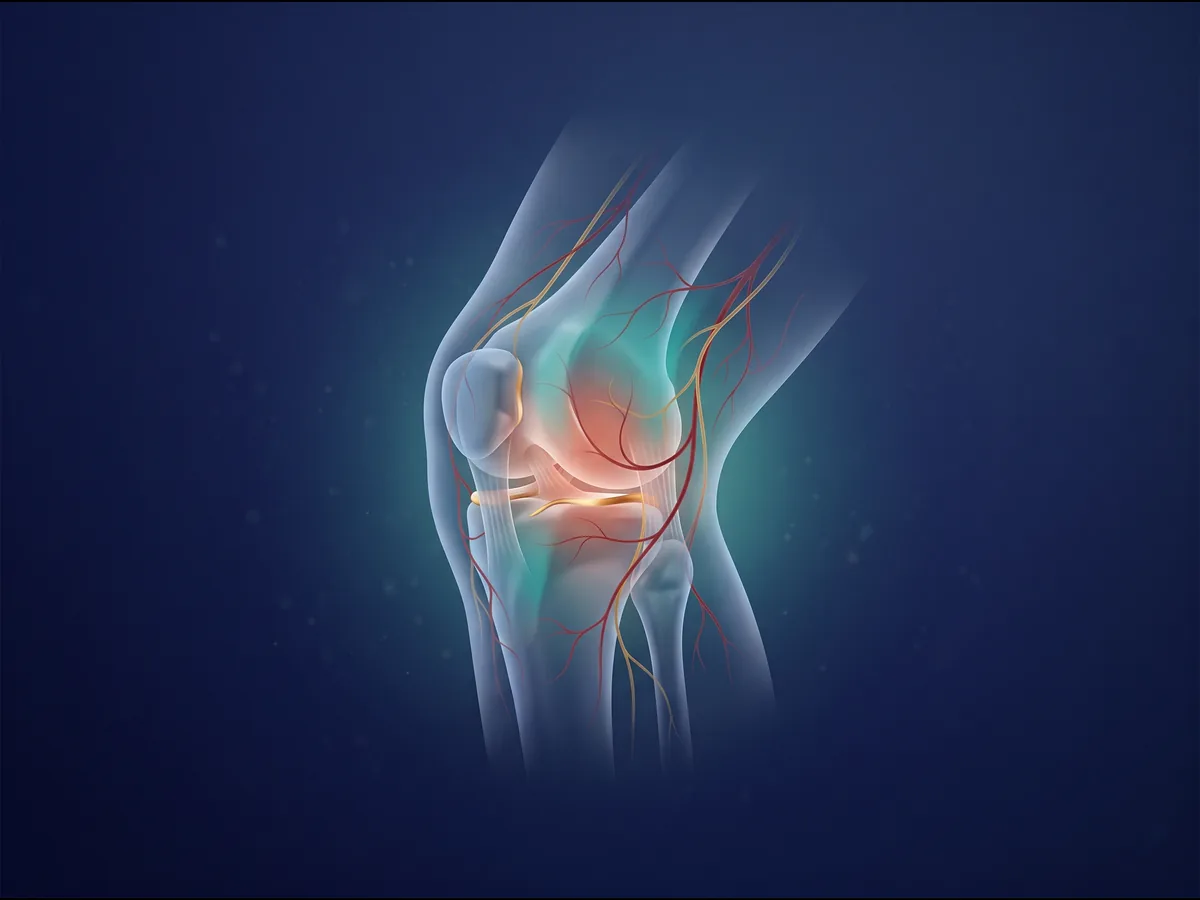 Illustration of genicular artery embolization: the knee joint with the small arteries that feed inflammation in the knee.